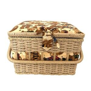 Vintage Craft Sewing Basket Box Tapestry Woven Wicker 10X10 Quilting Bee Bears